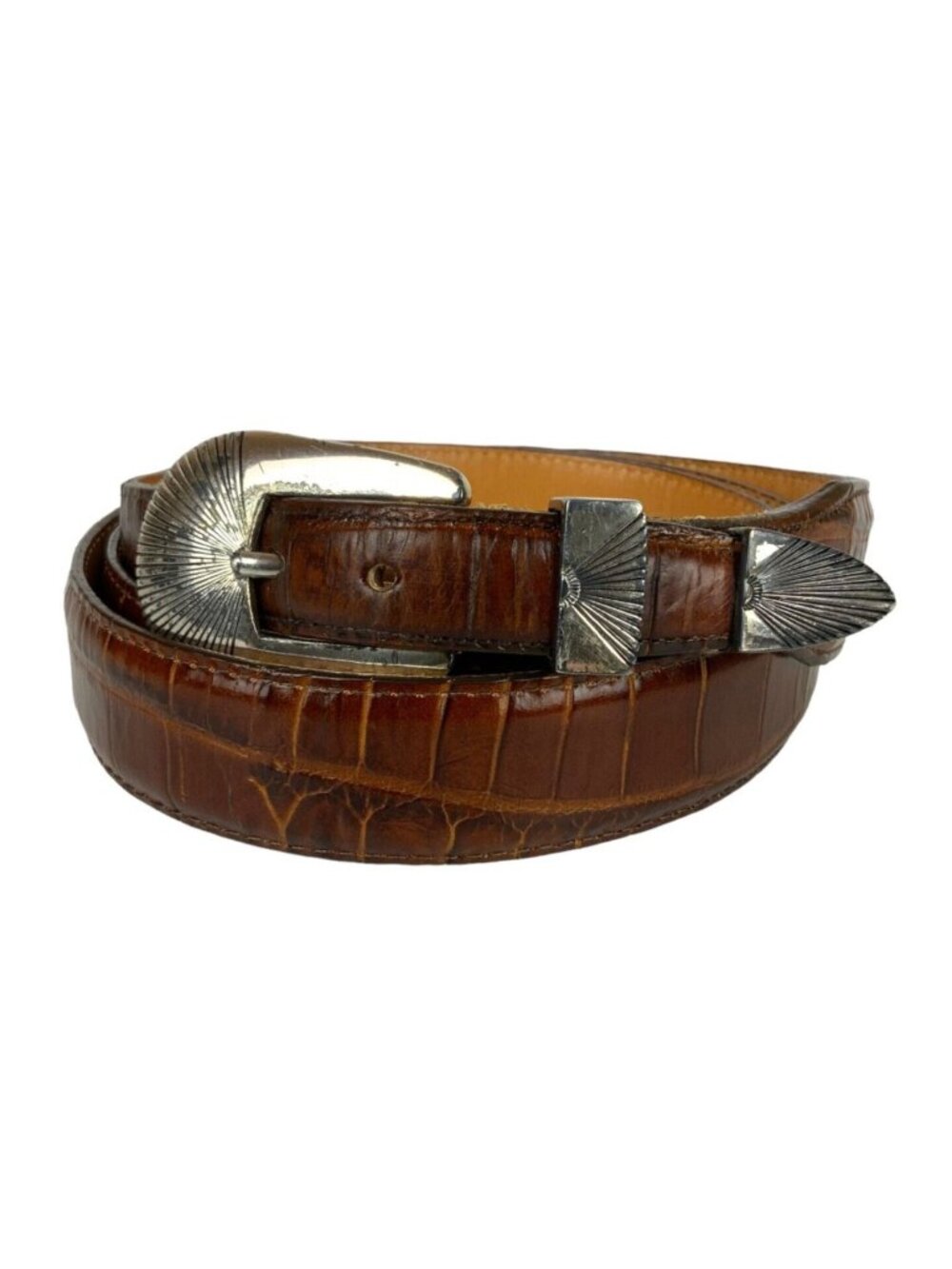 Onyx by Brighton Mens Ranger Belt Sz 48 Brown Leather Moc Croc Silvertone Buckle